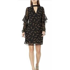 Sam Edelman Sz 10 Blk Chiffon Keyhole Lined Sheath Feather Ptn Sheer Slv Dress